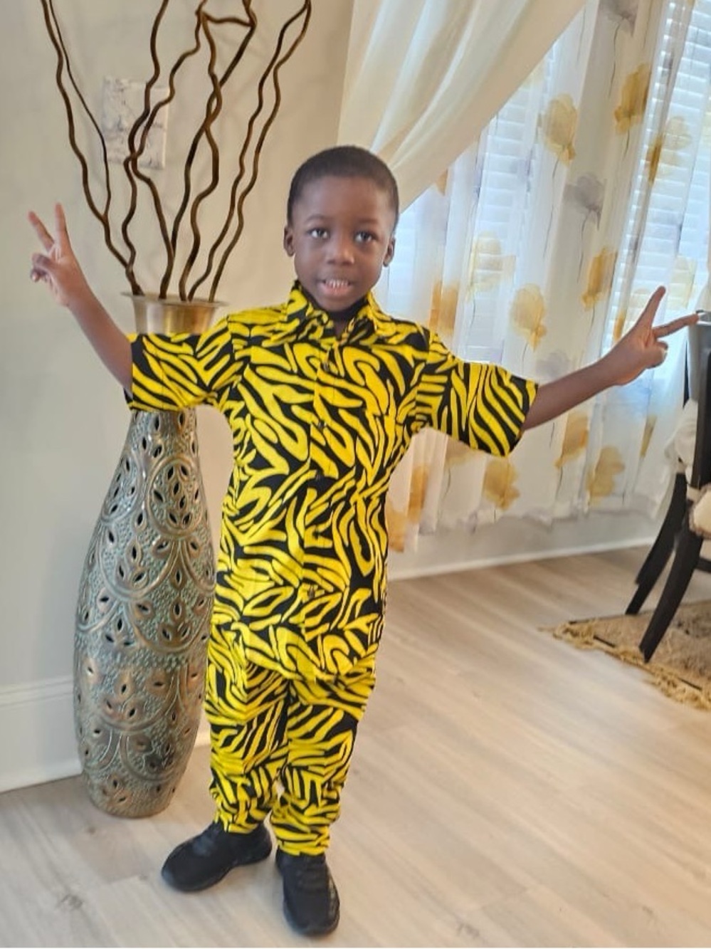 Bright Yellow & Black Kids Two-Piece Set in Bold African Print